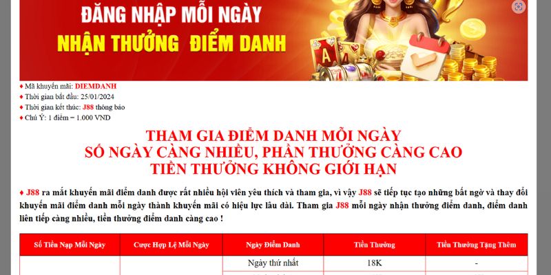 Khuyến mãi J88 tặng điểm danh hàng ngày