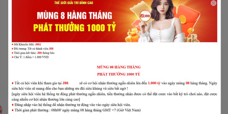 Khuyến mãi J88 tặng thưởng lên tới nghìn tỷ